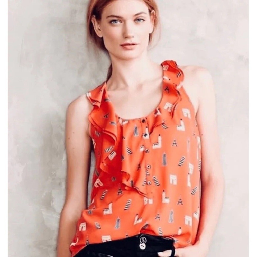 Anthropologie Maeve Aurelie Tank Size 10 Orange Novelty Print Feminine Twee - Picture 1 of 10